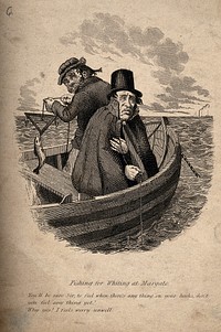 Two men at sea in a fishing boat: one leans over the side, feeling seasick. Reproduction of a nineteenth century engraving.