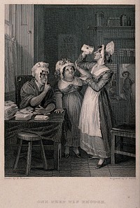 Three women in a post office, curious about a local resident, surreptitiously read a sealed letter addressed to him. Engraving by F. Bacon after H. Richter.