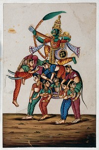 Manmatha (Kamadeva), Hindu god of love, shooting arrows with his bow while sitting on a elephant composed of women. Gouache painting by an Indian artist.