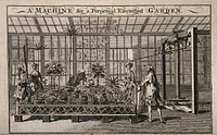 A machine for an electrified garden: fashionably-dressed men and women are shown in a glasshouse, observing a selection of plants which have been attached to a large machine. Etching, ca. 1755.