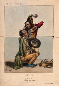 A tooth-drawer extracting a tooth from his patient. Coloured extendable lithograph by F. Bouchot, ca. 1832.
