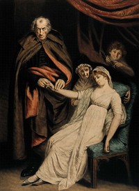A bewildered doctor checking the pulse of lovesick young woman, her concerned mother comforts her, in the background Cupid is grinning and pointing to one of his arrows. Coloured mezzotint by W. Ward, 1802, after J. Opie.