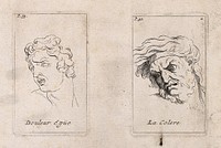 An outline of a face expressing acute pain (left); a face showing anger. Etching by B. Picart, 1713, after C. Le Brun.