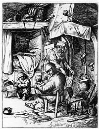 A father feeding his infant while the mother attends to domestic jobs and a small child plays with its food. Etching after A. van Ostade, 1648.