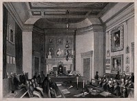 Fellows of the Society of Antiquaries meeting at Somerset House, London. Engraving by H. Melville after F.W. Fairholt.