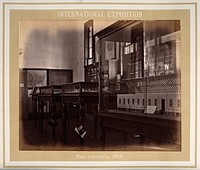 Philadelphia International Exposition, 1876: models of hospitals in glass display cases. Photograph, 1876.