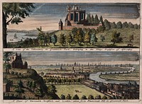 The Royal Observatory, Greenwich Hill, top, and the view of Greenwich and London seen from the hill, below. Coloured engraving, 1723.
