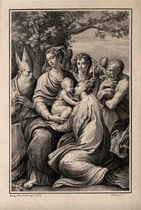 The Virgin Mary with the Christ Child, Saint Augustine, Michael the Archangel, Saint Jerome and Saint Margaret of Antioch. Drawing by F. Rosaspina, c. 1830, after G.F.M. Mazzola, il Parmigianino.