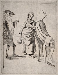 A man wearing a ridiculously long wig pointing accusingly to a young pregnant woman, another man sits with his back to them. Etching.