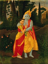 Krishna embracing Radha. Chromolithograph.