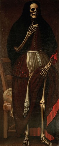 A skeleton as a woman wearing a brown and red dress and a black headdress. Oil painting, ca. 1680.