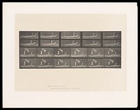 A naked man lying down with raised left arm and head. A clothed man taps his knee. Collotype after Eadweard Muybridge, 1887.