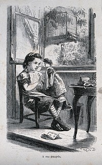 A girl plays with her doll by an open window where a bird cage is hanging. Wood engraving by G. Roux.
