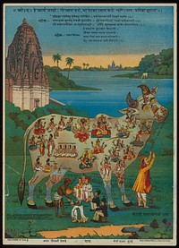 The holy Cow personified as World Mother with many Sanskrit verses. Chromolithograph.