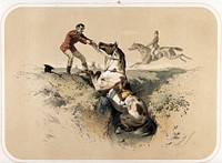 An unseated horseman pulls at the reins of his horse, which has fallen in a ditch. Coloured lithograph by A. Strassgschwandtner after himself, ca. 1860.