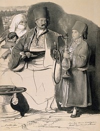 Constantinople: a boy presents a smoking hookah to Mr Sotiri, Albanian interpreter to the British consul in Bucharest. Lithograph by J. Nash, 1843, after D. Wilkie, 1840.