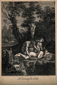 Hermaphroditus asleep by a woodland lake, admired by a satyr with Cupid above. Engraving by B. Picart, 1693, after N. Poussin.