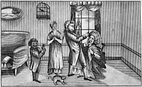 A tooth-drawer extracting a tooth from a fashionable and rich lady, while his black assistant and her white maid attend. Etching.