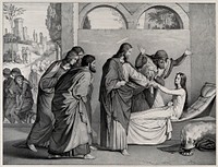 Christ raising Jairus' daughter. Lithograph by M. Fanoli, 1847, after E. Steinle.