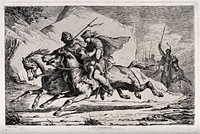 Two men on horseback, one clutching a child are being pursued by others brandishing swords. Etching by D. Félix, 1866.