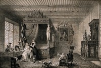 Diane de Poitiers, in her bed-chamber in the Château de Chenonceau, having her hair dressed by a female assistant; another woman stands to the left; a small child and a dog are in the foreground. Lithograph by L. Haghe, 1841, after W.J. Müller.