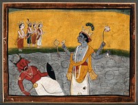 Matsya; avatar of Vishnu, Vishnu emerges from the mouth of a fish to kill the demon king Hayagriva. Gouache painting by an Indian painter.