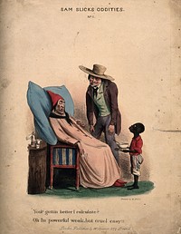 An ill man being visited by a suspicious looking man. Coloured lithograph.