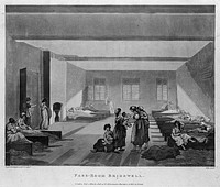 Bridewell Hospital, London: the interior of the pass-room with women and children, some lying on palliasses. Coloured aquatint by J. Hill after A. C. Pugin and T. Rowlandson.