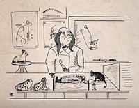 A dog, dressed as a scientist, performing an experiment on a human being; representing vivisection. Reproduction of a drawing after OBC.