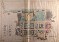 A general plan of the layout of the Royal Naval Hospital, Greenwich, with a scale and a key to wash houses and drying grounds. Coloured lithograph, after 1843, after P. C. Hardwick.