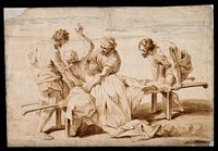 An epileptic or sick person having a fit on a stretcher, two men try to restrain him. Ink drawing attributed to J.B. Jouvenet.