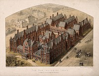 New Infirmary, Leeds, Yorkshire: bird's-eye view. Coloured lithograph after G.G. Scott [1864].