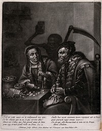 A man and a woman are counting their money with Death watching, armed with hourglass and scythe. Mezzotint by I. Meheux.