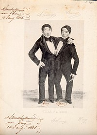 Chang and Eng the Siamese twins, one holding a book. Lithograph.