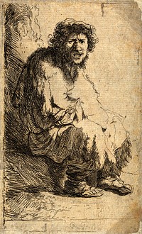 A beggar sitting on a hillock. Etching by J. Bretherton after Rembrandt van Rijn.