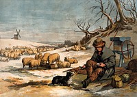 A shepherd sits outside on a cold winter's day sharing his meal with his dog. Colour print after E. Duncan.