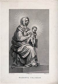 Saint Mary (the Blessed Virgin) with the Christ Child. Line engraving by P. Mancion after F. Floridi after C. Dolci.