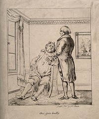 A poor doctor takes the pulse of a rich, corpulent patient and announces that he is very ill. Lithograph after E.J. Pigal, c. 1840.