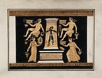 Reverse of the Greek red-figured volute-krater also known as "the Hamilton Vase" (made in Italy ca. 330 B.C.), showing two men and two women, holding various objects, around a stele. Watercolour by A. Dahlsteen, 176- .