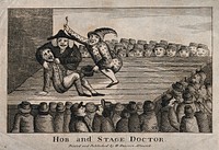 A theatrical performance of a tooth-drawer extracting a tooth from a patient, accompanied by a zany. Etching.