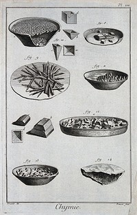 Chemistry: various crystalline substances. Engraving by Prevost after L.J. Goussier.