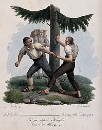 Two men are testing their strength against one another by finger-wrestling. Coloured lithograph by J.B. Zwinger after M. Föhn, 1826.