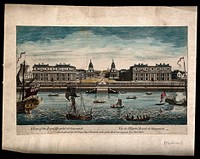 Royal Naval Hospital, Greenwich, with ships and rowing boats in the foreground. Coloured engraving by T. Bowles, 1753.