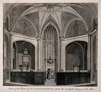 St Bartholomew the Less, Smithfield, London: the interior with a lady and her daughter near the altar, a man half-hidden behind the pews to the left. Engraving.