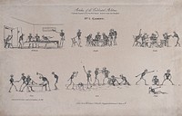 Six pictures of skeletons engaged in group games. Etching after W.F.E. Liardet.
