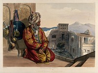 Old Hindu man in contemplation, Peshawar, Pakistan. Coloured lithograph by R. Carrick after Lieutenant James Rattray, c. 1847.