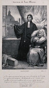 Anne Buiret, a French woman pretending to be the Marquise de Champignelles, sits in an armchair next to her lawyer, who points to La Salpêtrière in the background, thereby hinting at the fact that he had been instrumental in saving her from a fate in a lunatic asylum. Lithograph by Masse.