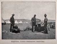 Boer War: hospital cooks preparing food in the open air. Halftone, c.1900.