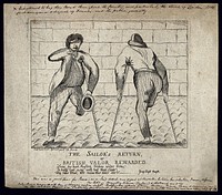 Two sailors with amputated legs, an eyepatch and an amputated arm moving with the aid of crutches. Etching by S.B., 1783.
