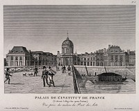 Institut de France, Paris: panoramic view including part of Pont des Arts. Line engraving.